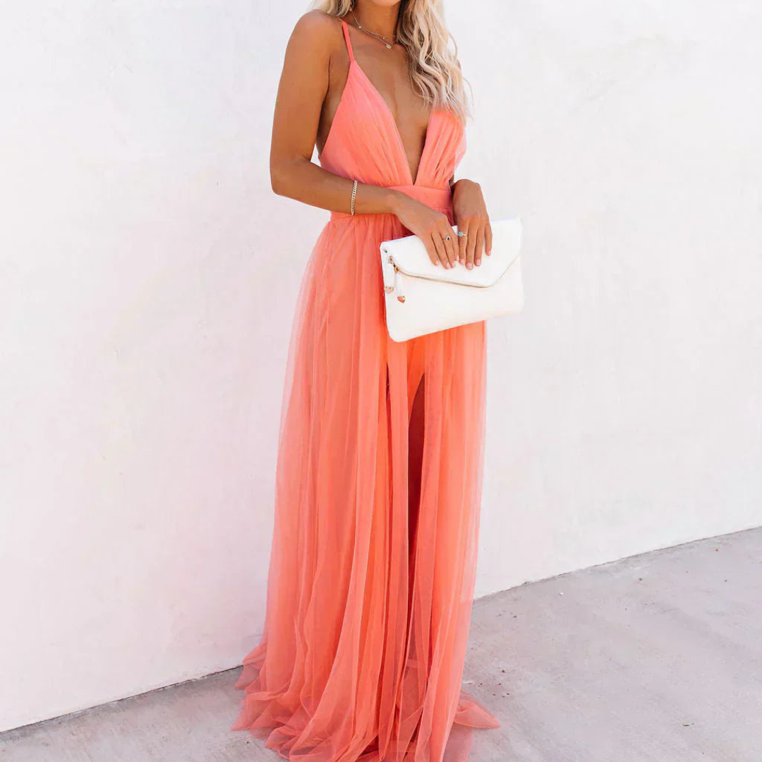 Vestido largo Alina de noche en color coral